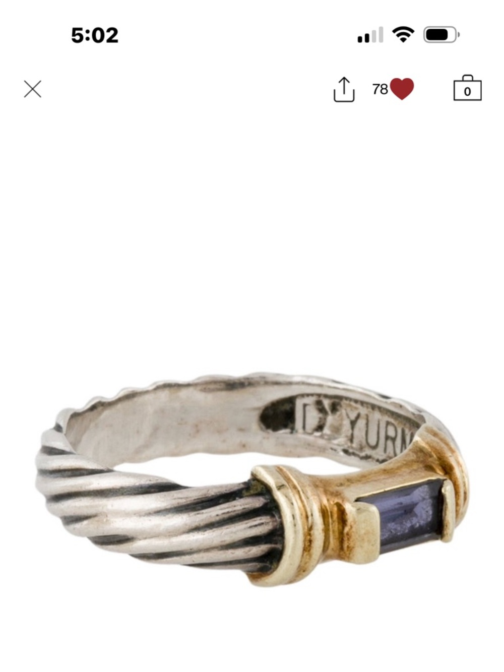 David Yurman Two-Tone Cable Ring with Blue-Purple Rectangular Stone
